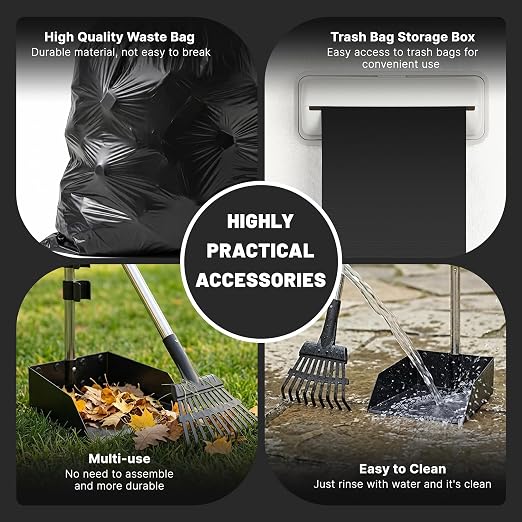 Dog Poop Trash Can Outside - 20L/5Gal Pooper Scooper Sets and Spade, Black | Outdoor Trash Can with Lid, Inner Bucket, Dog Poop Scooper Set, Metal Tray, Rake and Spade, 100 Trash Bags & Storage Box