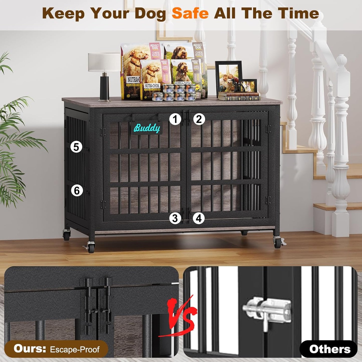EasyCom 48"/42"/33" XXL Dog Crate Furniture with Casters, Heavy Duty Dog Kennel Indoor for Large Dogs, Escape-Proof and Chew-Proof Dog Cage for high Anxiety Dog, Decorate House as TV Stand, End Table