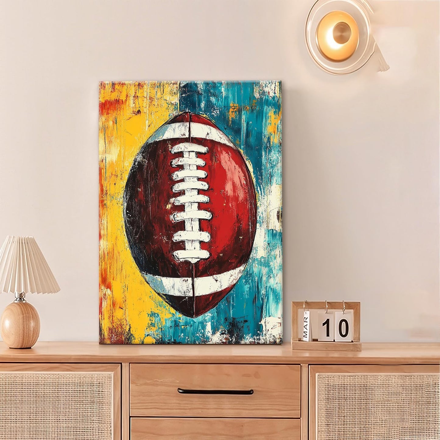 Graffiti Football Bathroom Pictures Wall Art, Rugby Sport Bathroom Wall Decor, Colorful Football Framed Painting Canvas Artwork for Bedroom Living Room Decorations 24"L x 16"W
