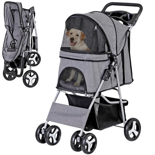 Pet Stroller for Medium Small Dogs - Easy to Walk Folding Travel Carrier Strolling Cart with Cup Holder, Weather Cover and Storage Basket (Gray)