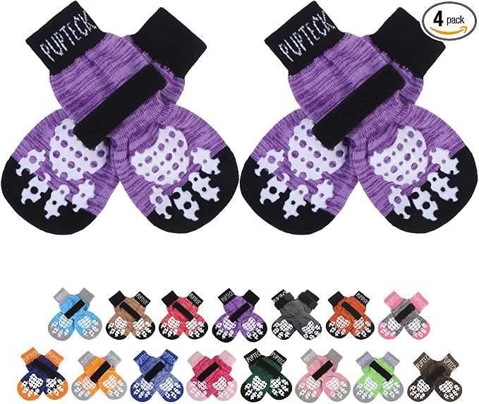 PUPTECK Anti-Slip Dog Socks with Double Sides Grips for Small Medium Large Dogs Hardwood Floors Prevents Licking, Dog Shoes for Hot Pavement Traction Control Paw Protector for Senior Dogs, Purple L