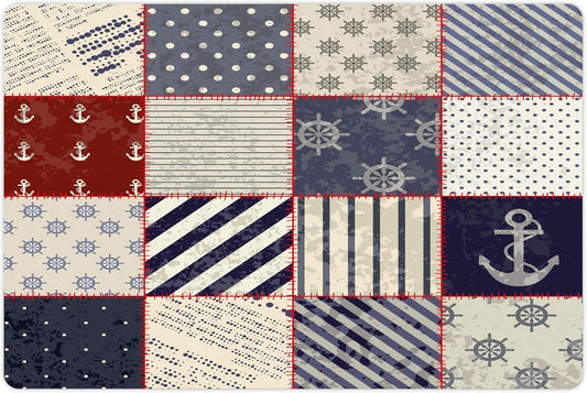 Lunarable Nautical Pet Mat for Food and Water, Maritime and Nautical Life Design with Vintage Sailor Knot Anchor Motifs, Non-Slip Rubber Mat for Dogs and Cats, 18" X 12", Vermilion Blue