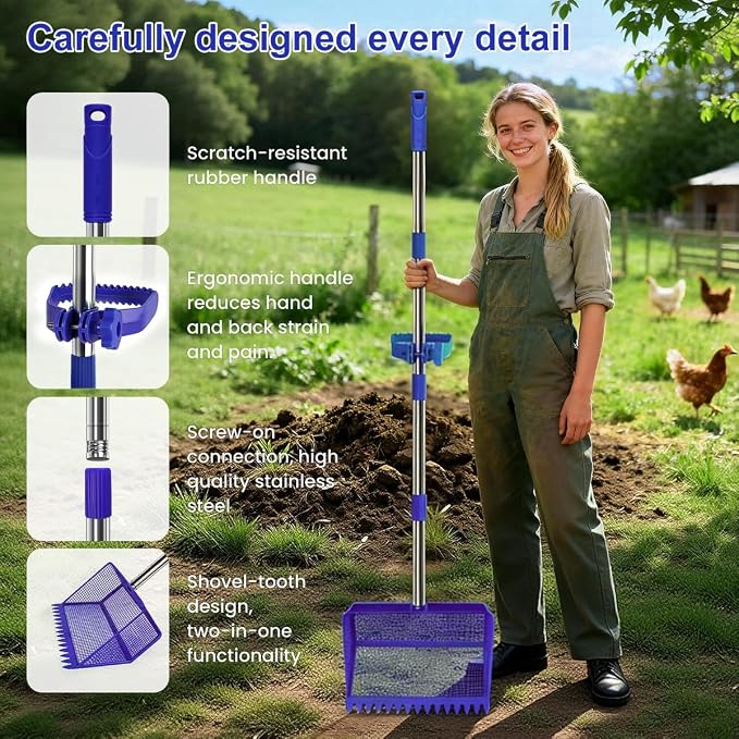 2026 Latest 12inch 2-in-1 Chicken Poop Scooper & Rake with Handle, Heavy-Duty Metal Chicken Coop Scoop for Sand Sifting Shovel Litter Scooper for Farm House Chicken Coop Cleaning Tools Accessories