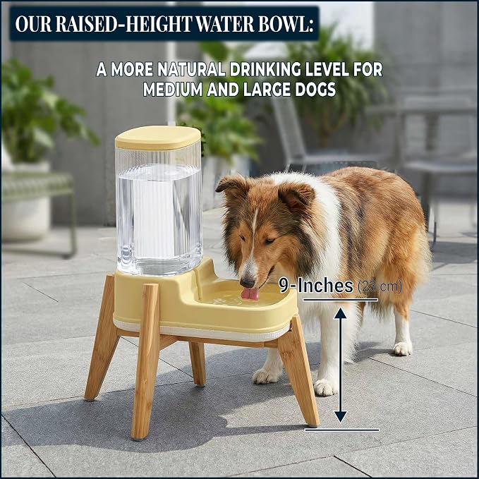 Elevated Dog Water Dispenser with Bamboo Stand for Medium Large Dogs, 4L 1 Gallon Gravity Dog Water Bowl Dispenser, Raised Automatic Dog Water Station, Custom Fit Non Slip Anti Tip Stand