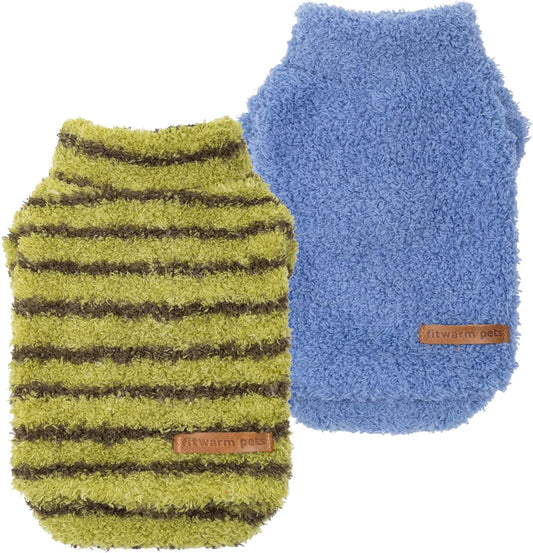 Fitwarm 2 Pack Striped Fleece Dog Sweater, Warm Winter Clothes for Small Dogs Boy Girl, Fuzzy Pet Outfit, Sky Blue, Olive Green, Medium