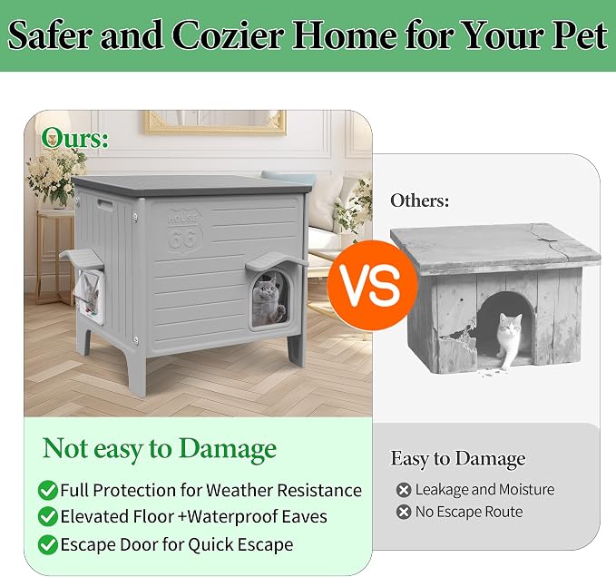 Outdoor Cat House Weatherpoof Large Plastic Cat Shelter Outside | with Escape Door Indoor Waterproof Feral/Pet Cat Houses for Multiple Cats (Grey)