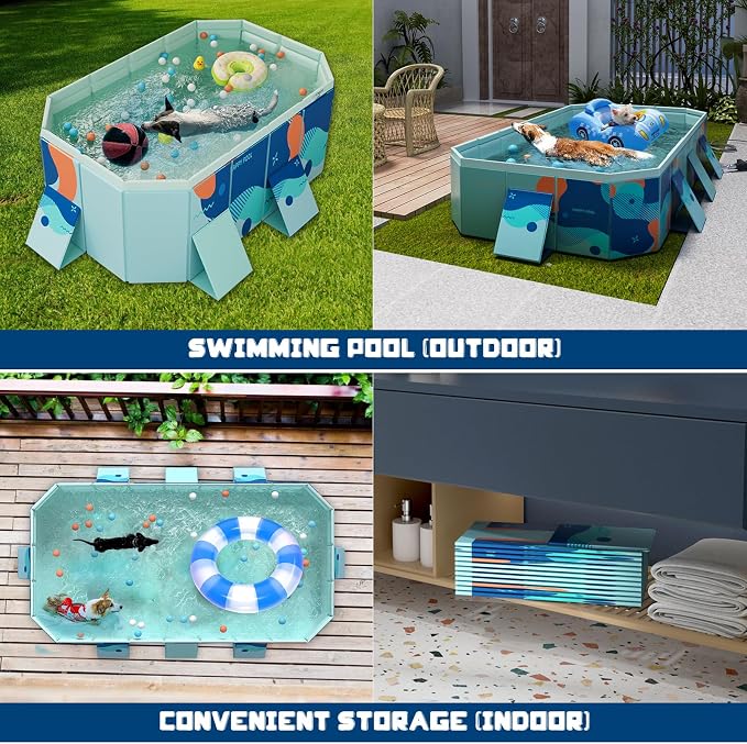 102" Foldable Dog Bathing Pool, Non-Inflatable Collapsible Pet Bath Tub for Large Dogs, 4-Layer PVC, Non-Slip Base, Quick Drain, Portable Outdoor Dog Washing Station