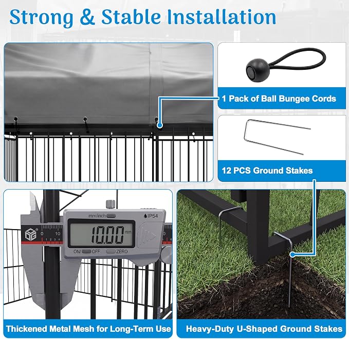 Redlife 10x10 FT Heavy-Duty Outdoor Dog Kennel with Roof | 84" Tall Steel Tube Dog Cage, 360° Rotating Feeding Bowls, Double Door Design, Waterproof Cover, Large Backyard Dog Enclosure