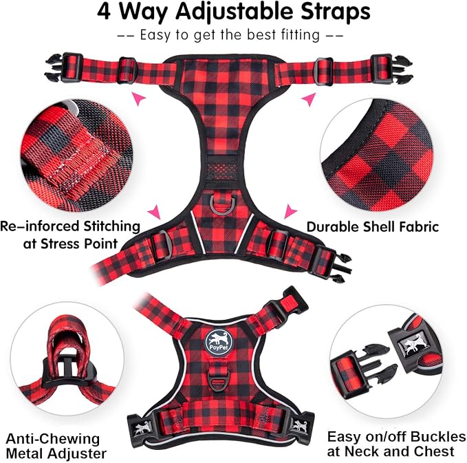 PoyPet Plaid Dog Harness Medium, No Pull Vest with Front Clip & Neck Buckle | Padded Handle, Reflective, No Choke, Lockable, 2 Leash Rings, Full Adjustable, for Training Walking, M, Checkered Red