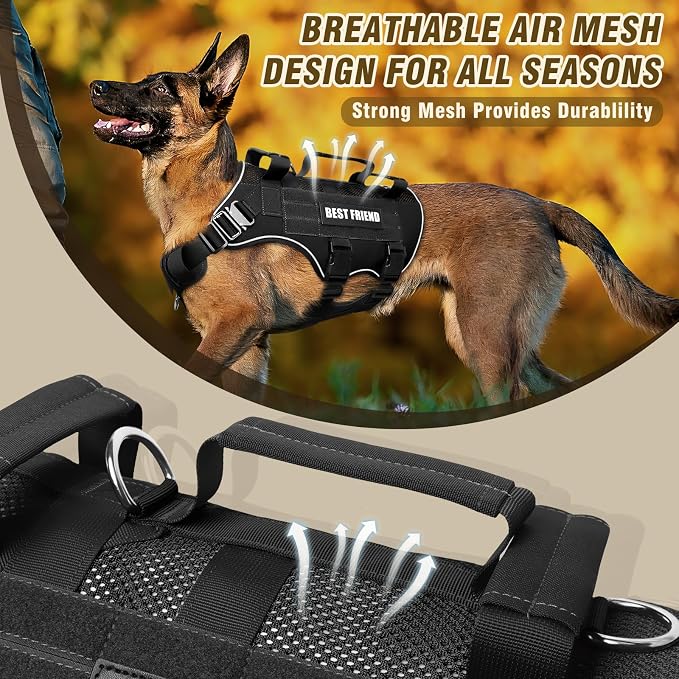 Air Mesh Tactical Dog Harness with Metal Buckles&MOLLE,Black Medium | Breathable Adjustable No Pull Service Dog Vest with 3 Padded Handles,Military Dog Harness for Training Hiking Hunting Working