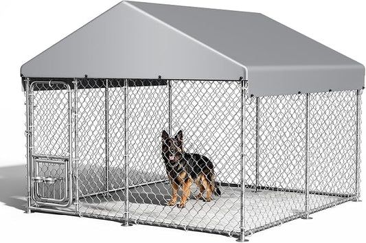 GarveeLife Dog Kennel Outdoor with Waterproof Cover, Outdoor Dog Enclosure with 360° Rotating Feeding Bowls, Dog Kennel Outside for Backyard, 7.5ftx7.5ftx6.6ft