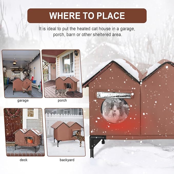 Heated Cat House, Large Heated Outdoor Cat House Weatherproof for Winter, Elevated Waterproof Insulated Cat Houses for Outdoor Cats, Comfortable and Warm Feral Cat Shelter (Tan)