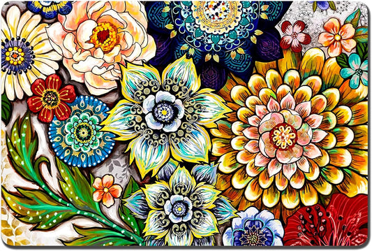 Rnivvi Dog Food Mat, 12" x 19" Flower Absorbent Dog Cat Bowl Mat for Food and Water, Cute Anti-Slip Rubber Pet Feeding Rug Protect Floors, Puppy Placemat for Feeding & Watering Supplies,Mandala Floral