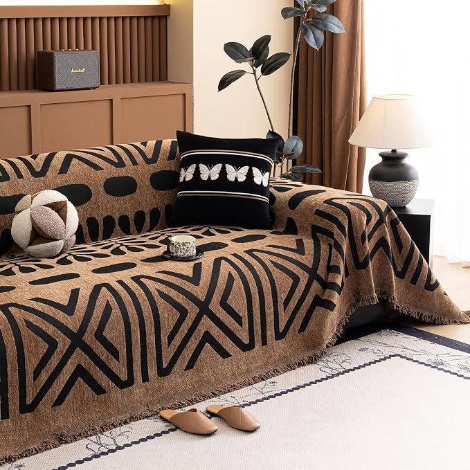 VClife Couch Cover Bohemian Morroccan Sofa Cover Washable Sofa Slipcover for 3-4 Cushion Couch Sofa Non Slip Soft Chenille Furniture Protector Modern Brown Black Slip Cover for Couch 71''x150''