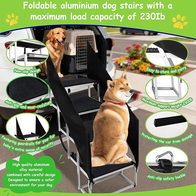 Dog Stairs with Guardrail for Large Dogs Extra Wide 20 Inch Step, High34 in 4 Step Foldable Dog Ramp, Supports up to 230 lbs Designed for Oversized SUVs, Off Road Vehicles, and Pickup Trucks- Felt