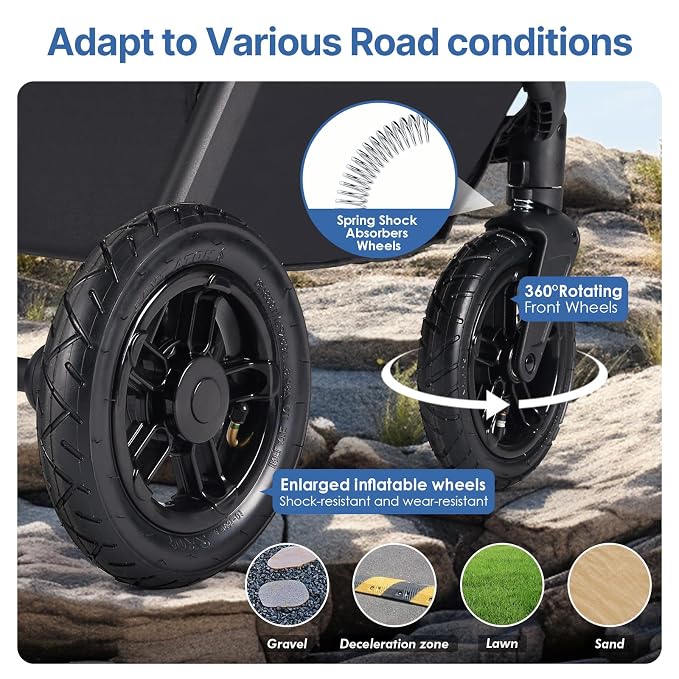 X-5 Pet Stroller with Inflatable Wheels for Medium Pets Black | Adjustable Handle, 55lbs Load, 3-in-1 Detachable Carrier, All-Terrain Inflatable Wheels, One-Touch Fold