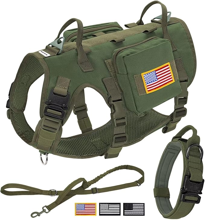 Forestpaw Tactical Dog Harness Collar Bungee Leash Set,S,Green | Adjustable Fits 17-25" Chest,20-35 lbs,No Pull Control Military Style,Quick Release Buckle,Walking for Medium Dogs