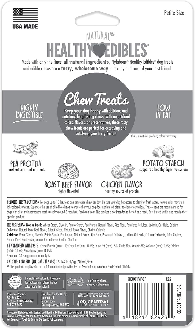 Nylabone Healthy Edibles Natural Dog Chews, Long Lasting Bones for Dogs, Roast Beef & Chicken Flavor Dog Treats, X-Small (8 Count)