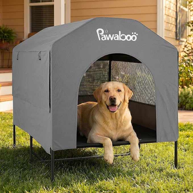 Pawaboo 47" XL Dog House Outdoor Weatherproof, with Breathable Mesh Windows | Elevated Dog Cot Bed Dogs Tent Shade, Indoor/Outdoor Sunshades Large Dogs Shelter, Grey