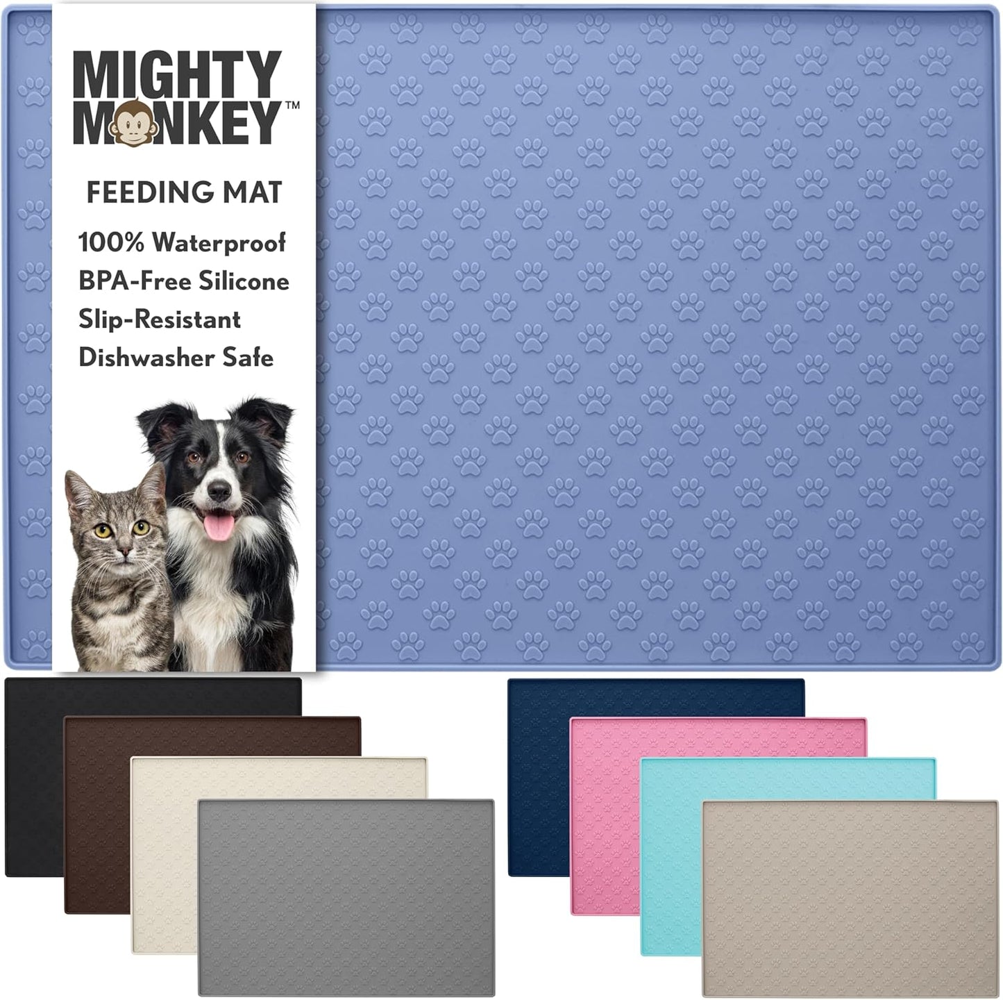 MIGHTY MONKEY 100% Waterproof Dog Food Mat, Raised Edges Silicone Pet Feeding Placemat for Cat, Dogs, Pet Bowls, High Lipped Tray Prevents Water Spills, Food on Floor, Dishwasher Safe, 24x16, Lt Blue