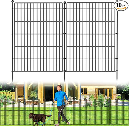 10 Panels No Dig Garden Fence with Gate, 44in(H) × 23.6ft(L) Decorative Metal Outdoor Dog Fence, Rustproof Pet Fencing for Yard, Patio, Flower Bed -Temporary Fencing| Easy to Install