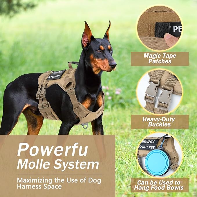 No Pull Tactical Dog Harness for Large Dogs, Service Dog Vest, L,Brown | Tactical Dog Vest Harness and Leash Set, Adjustable Military Service Dog Harness with Handle for Medium Large Dogs