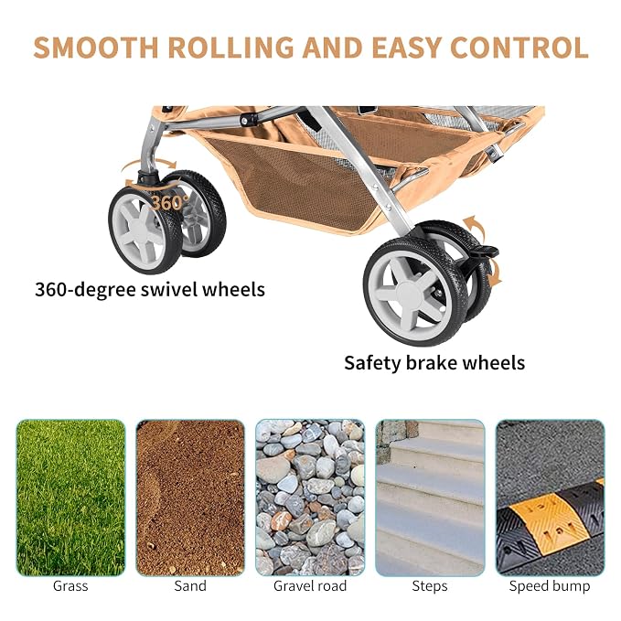 Double Pet Stroller for 2 Dogs & Cats, Side-by-Side, Beige | Foldable Two-Seater with Separate Cabins, 44 lb Capacity, Dual Baskets and Safety Tethers for Walks, Travel and Vet Visits