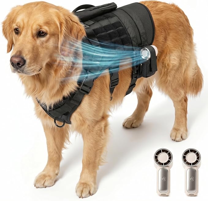 Dog Cooling Vest, Tactical Harness with Dual Independent Side Fans | 3D Breathable Mesh, Multi-Speed Wind Adjustment, Long-Lasting Cooling, Ideal for Medium and Large Dogs Outdoors