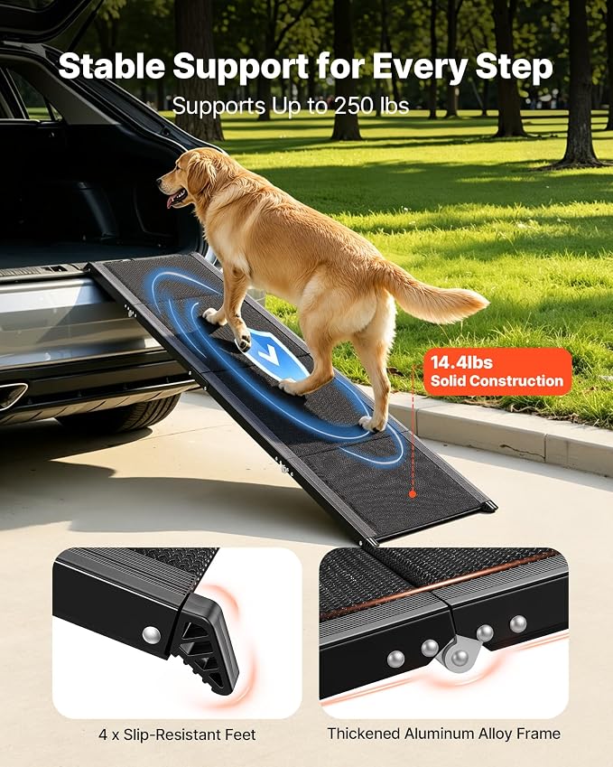 VEVOR Dog Ramp for Cars, 63" L x 17" W, Folding Pet Ramps for Medium & Large Dogs up to 250lbs, Pet Stair Ramp with Non-Slip Oxford Fabric Surface, Portable Outdoor Dog Car Ramps for SUV & Truck