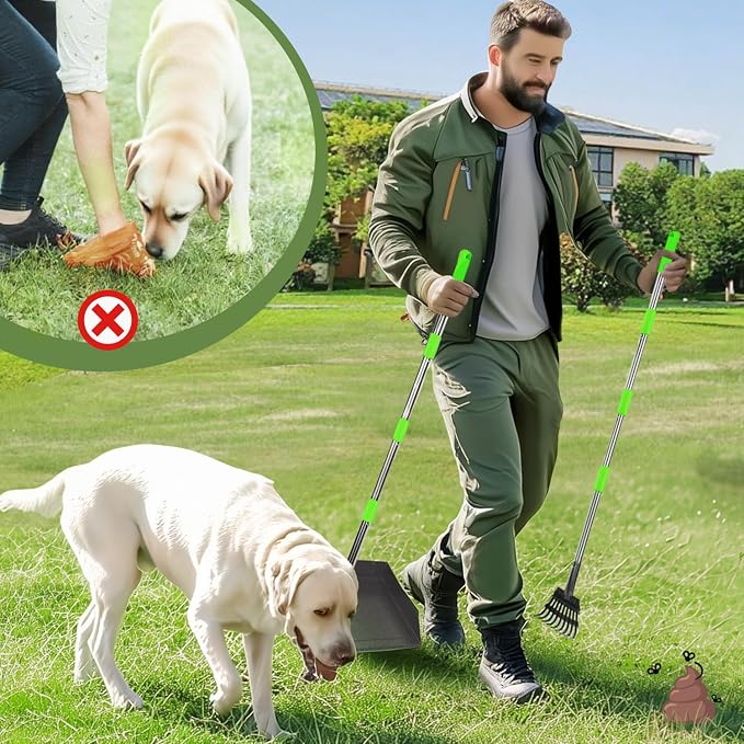 T2Y Pooper Scooper Extra Long Handle, Rake+Tray+Spade Set | 48" Tall No-Bend | 9.4'' Large Tray | Stainless Steel | Adjustable | Works on Grass, Gravel & Dirt | Easy to Install