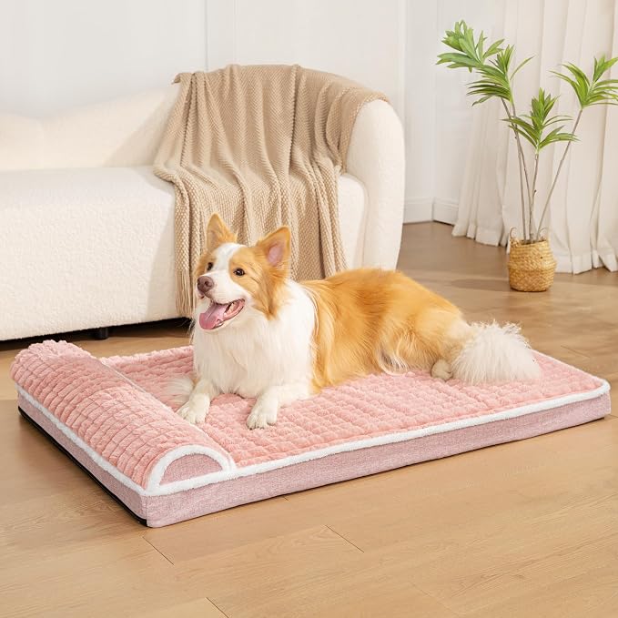 Orthopedic Large Dog Bed Pillow Pet Sofa Bed 48''X30'' Pink | Egg-Crate Foam Pet Couch Large Sized Dog, Waterproof Removable Washable Cover,Furry Puppy Crate Mat With Nonskid Bottom
