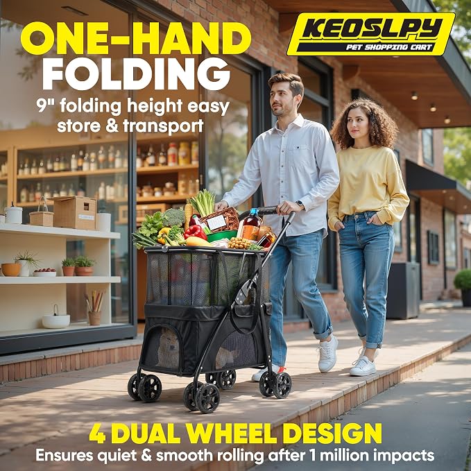 Upgraded Folding Shopping Cart & Pet Stroller 99 LB, 2-in-1 Personal Portable Shopping Cart with Removable Basket & Lower Dogs Stroller for Groceries, Laundry, Camping Pet Traveling