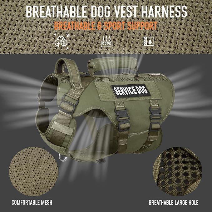 Service Dog Vest for Large Dogs, Green Tactical Harness with Military MOLLE, Breathable Mesh & 39g Metal Buckle - Size M for Training & Hiking