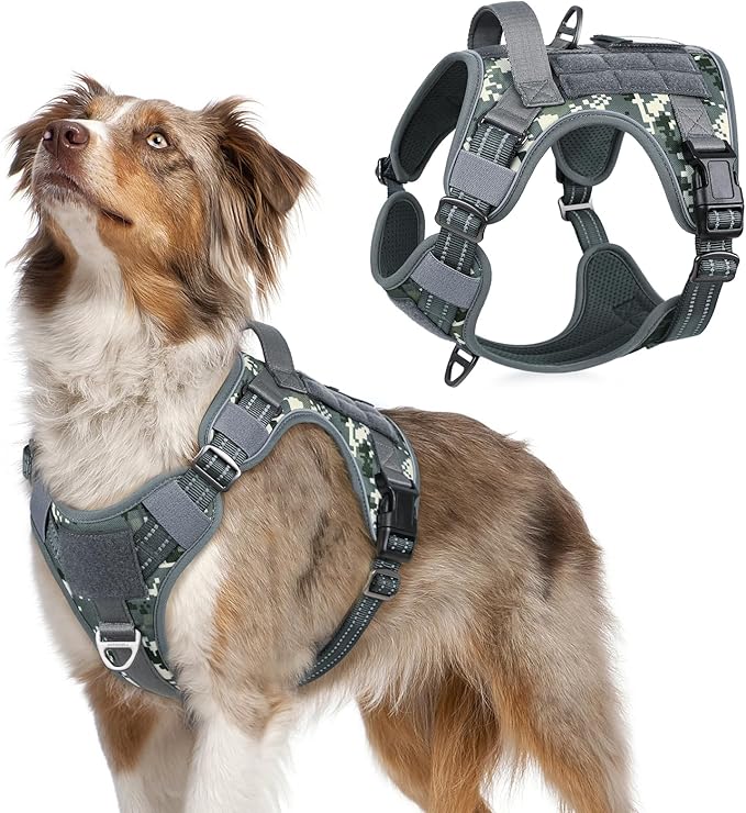 rabbitgoo Tactical Dog Harness for Medium, No Pull Military Service Vest | Molle & Handle, Heavy Duty, Adjustable, Reflective Straps, Easy Control for Training Walking, Grey Camo, Medium