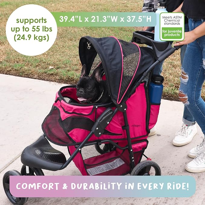 Petique Durable Pet Stroller, Easy Fold, Quality mesh Windows, Large Storage Basket, Secure Cup Holder Tray, for Small to Medium Dog, Cat, Bunny, Supports Pets up to 55LBS - RAZZBERRY