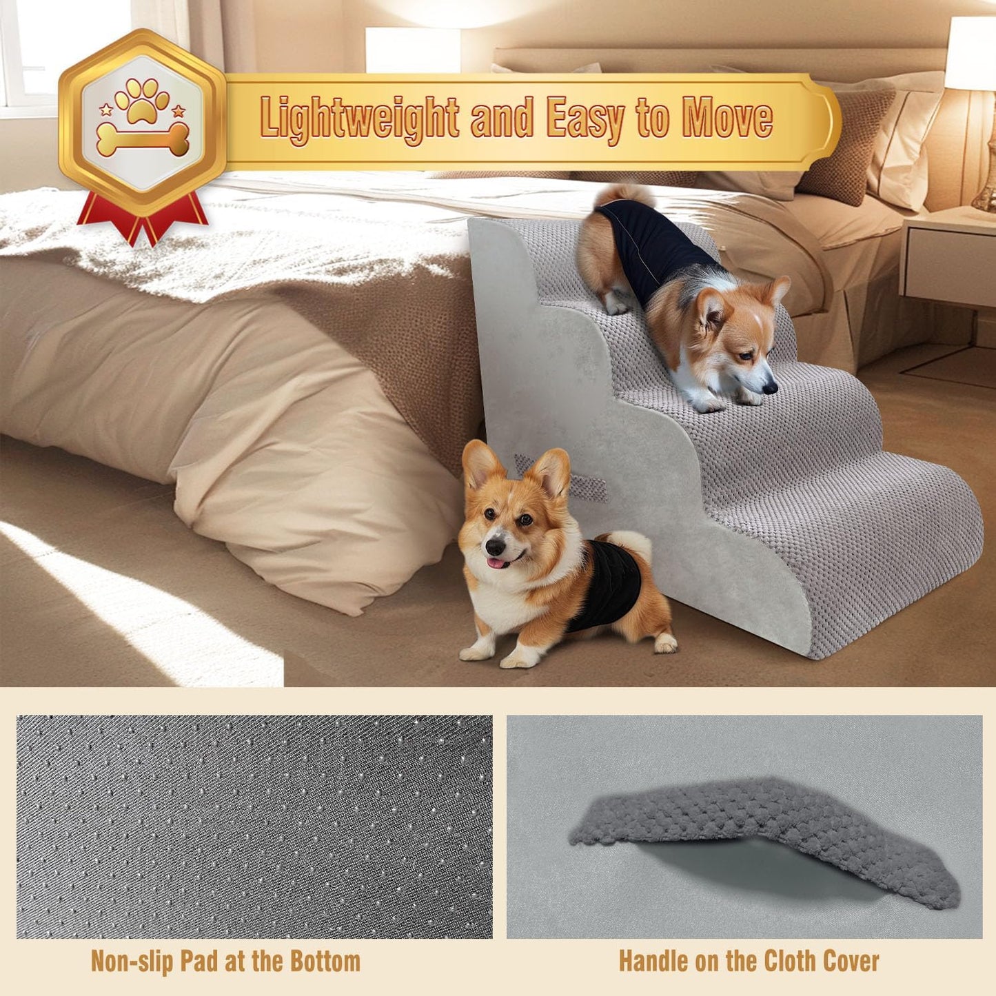 PAWSCART Dog Stairs for Small Dogs and Cats, 4-Step Dog Steps for Bed, 19.6" H Pet Stairs for High Bed, Pet Ramp for Couch, Sofa, Non-Slip Surface Removable Washable Cover, LightGrey