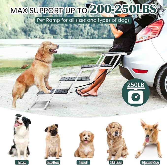 Joyrally 4-Step Dog Stairs for Car, Large Dogs, Non-Slip Surface | 20 in extra-wide aluminum frame, non-slip surface and foldable design for SUV and truck trunks, for senior and injured dogs