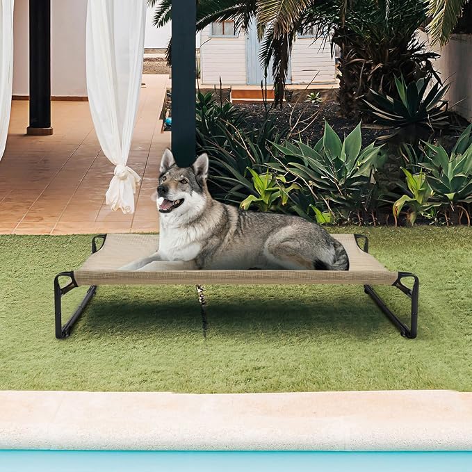 Veehoo Outdoor Elevated Dog Bed, Cooling Raised Dog Beds for Large Dogs | Washable Dog Cot with Headrest Sides, Non-Skid Feet, Breathable Mesh, Cooling Pet Hammock for Indoor or Camping, 47", Beige
