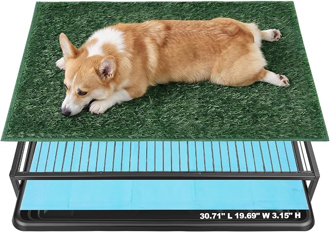 Dog Grass Pad with Tray, 30.71"L × 19.69"W × 3.15"H, 1 Reusable Artificial Turf for Dog Potty & 10 Pee Pads, Waterproof Non-Slip Washable Pee Pad Holder, Portable Dog Litter Box for Indoor/Outdoor Use
