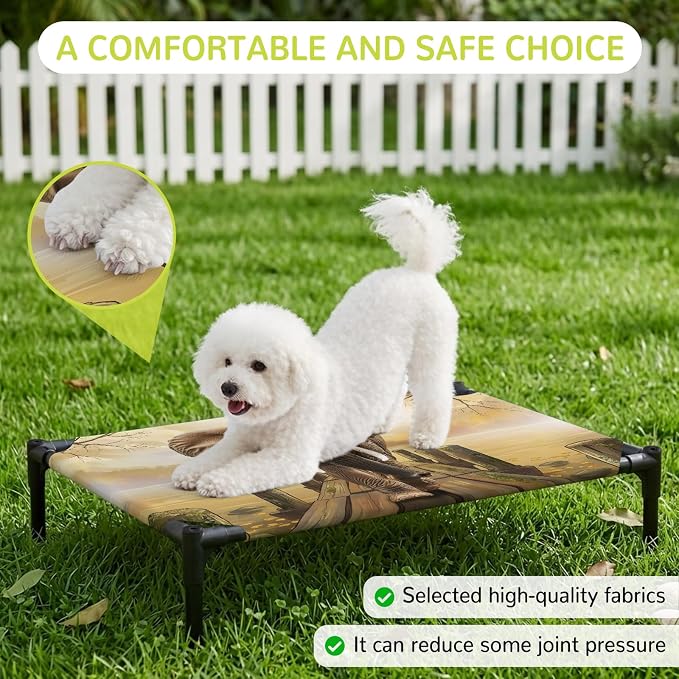 Outdoor Elevated Dog Bed for Large Dogs, Elephants Breathable Cooling Raised Dog Cot for Indoor/Outdoor, Branches Trees Modern Art Animals Waterproof Elevated Pet Beds, L 28 x 22 in