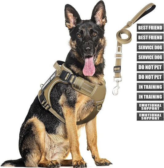 Tactical Dog Harness and Leash Set with 10 Patches for Large Dogs | Heavy Duty Adjustable No Pull Service Dog Vest for Large Dogs with Dog Seat Belt,for Training Walking Hiking Brown XL