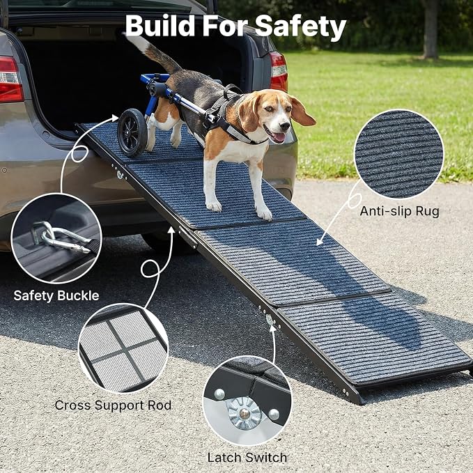 Veehoo Foldable Dog Ramp for Car Truck SUV Extra Large Wide 71" L 20" W | Outdoor Dog Ramp Heavy Duty for Pickup Trucks Minivan Portable Metal Pet Ramps for Injured Senior Dogs, Support up to 150lbs