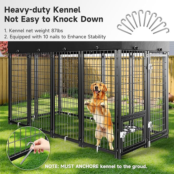 Dog Kennel Outdoor, Weatherproof Outside Dog Kennel with Roof & Swivel Feeders and Removable Dog Door, Heavy Duty Outdoor Kennels Dog Enclosure Run for Medium Large Dogs (8'L x 4'W x 6'H)