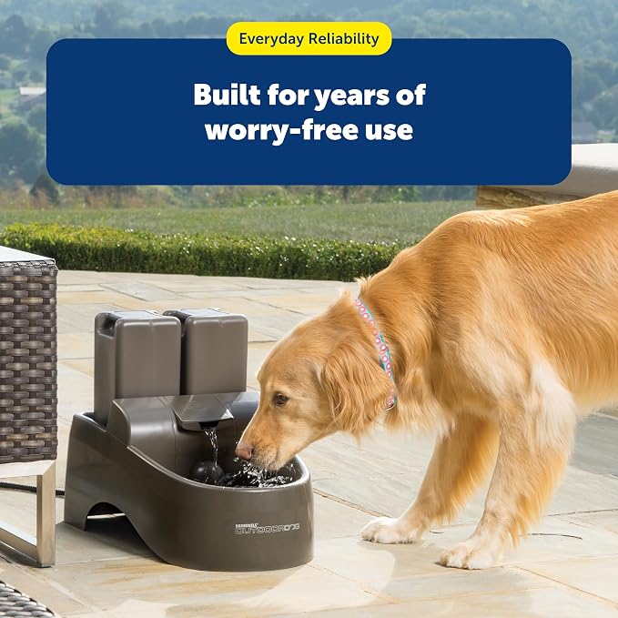 PetSafe Drinkwell Outdoor Dog Water Fountain, 2 Reservoirs, 450 oz, Taupe | Falling Stream Encourages Drinking, Replaceable Carbon Filter, UV-Resistant, Deep-Sided Drinking Bowl to Reduce Spills