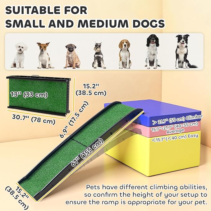 PawHut Folding Dog Ramp, 61 Inches Portable Pet Ramp with Grass Surface | for Car, Truck, SUV, Non Slip with Raised Side Rails
