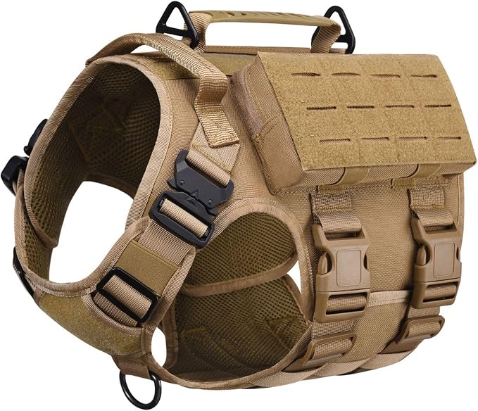 AIWAI Tactical Dog Harness with Handle for Large Dogs,2X Metal Buckle, Dog MOLLE Vest with Pockets,No Pull Adjustable Pet Harness, Easy Control Dog Vest Harness for Working Training (Khaki, Medium)