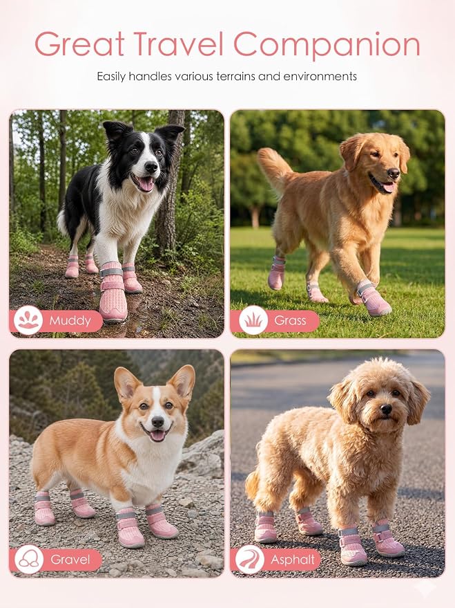 BECEMURU Dog Shoes for Summer, Double-Straps Anti-Slip Dog Boots & Paw Protectors for Hot Pavement, Breathable & Light Weight Outdoor Walking Hiking Pink Size 2