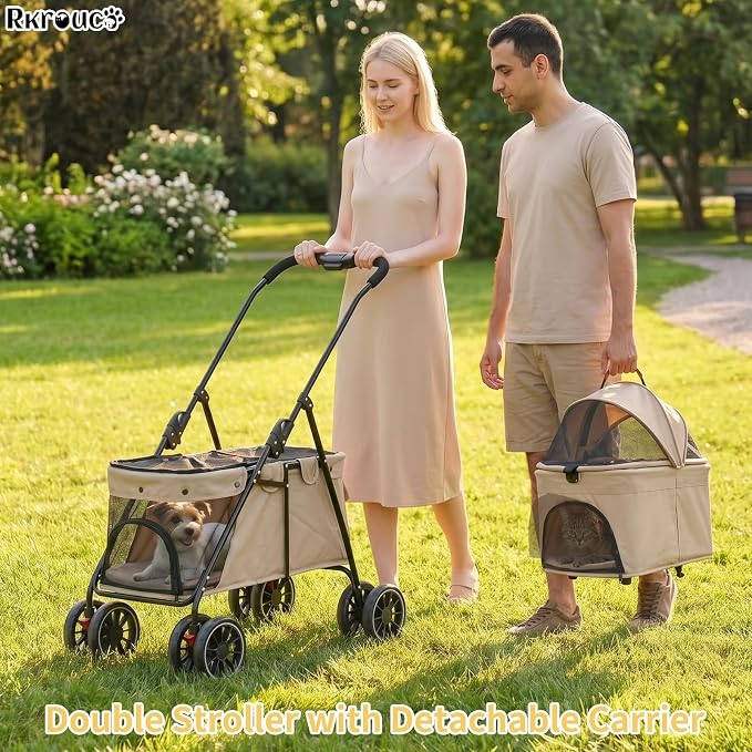 Foldable Double Pets Stroller for Dog Portable Cat Strollers for Small Medium Pet with One Detachable Carrier Flexible Lockable Wheels Lightweight Dogs Jogger (Khaki)