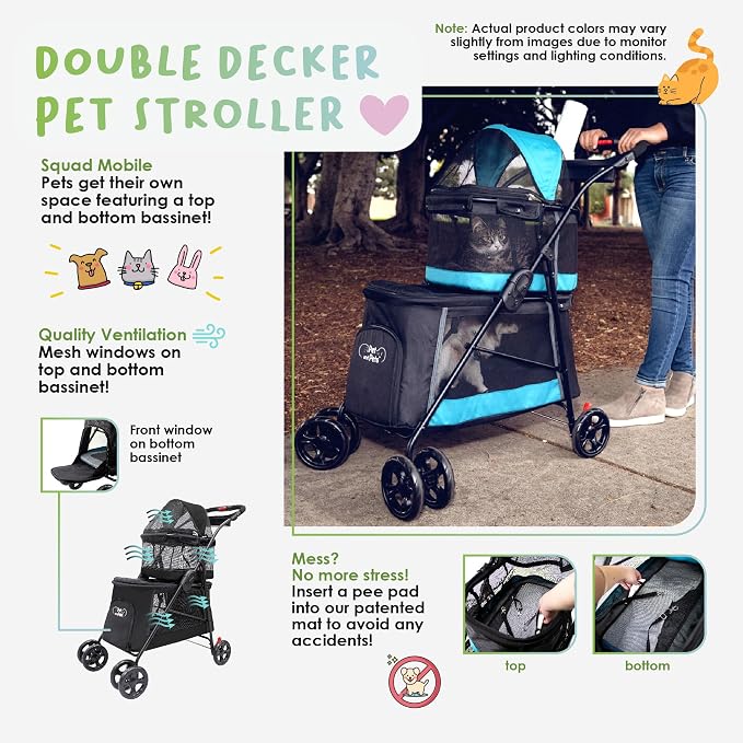 Double Decker Pet Stroller - Black: Dual Bassinets for Multiple Pets, Removable Pee Pads, Adjustable Leashes, Mesh Windows, Swivel Wheel, One-Hand Fold, Lightweight, for Small/Medium Dogs/Cats/Pets