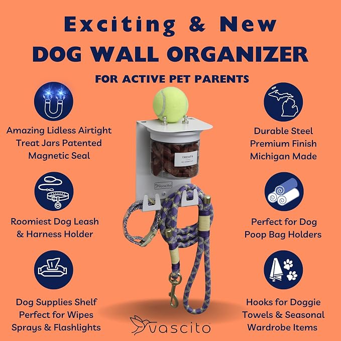 Dog Leash Holder for Wall with Shelf — Wall Mounted Dog Treat Holder & Station, 1 Airtight 16oz Treat Container, 6 Hooks, Patented Lidless Slide-to-Seal Jar, Solid Steel, Made in USA, White